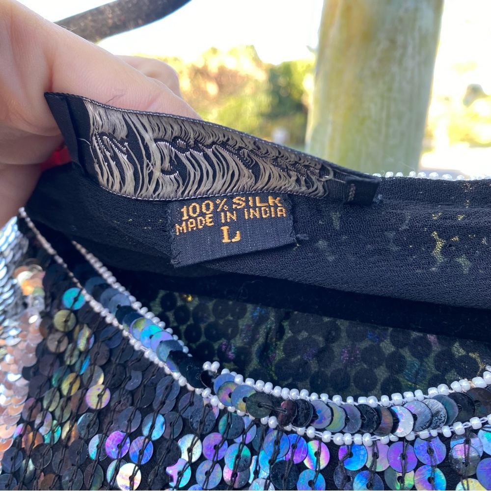 Sequin Top L 100% Silk Black Silver & Gold - Picture 5 of 5